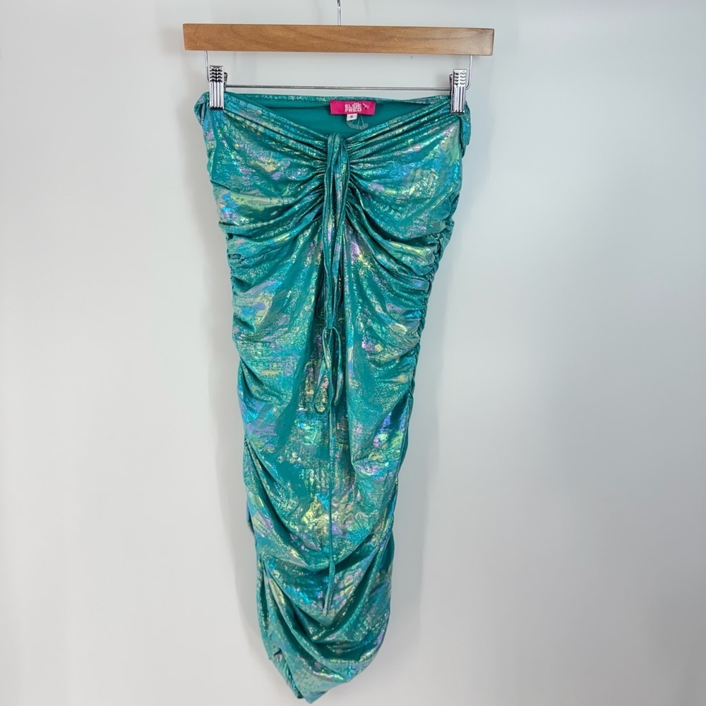 Elsie Fred Mermaid Rave Metallic Front Scrunch Neck Tie Side Cinch Mini Dress
